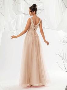 VIPGIRL Elegant Pink Sequin Sheer Formal Dress, Deep V-Neck, High Slit, Sleeveless A-Line Formal Gown Wedding Spring Party - Baby Pink - View 3