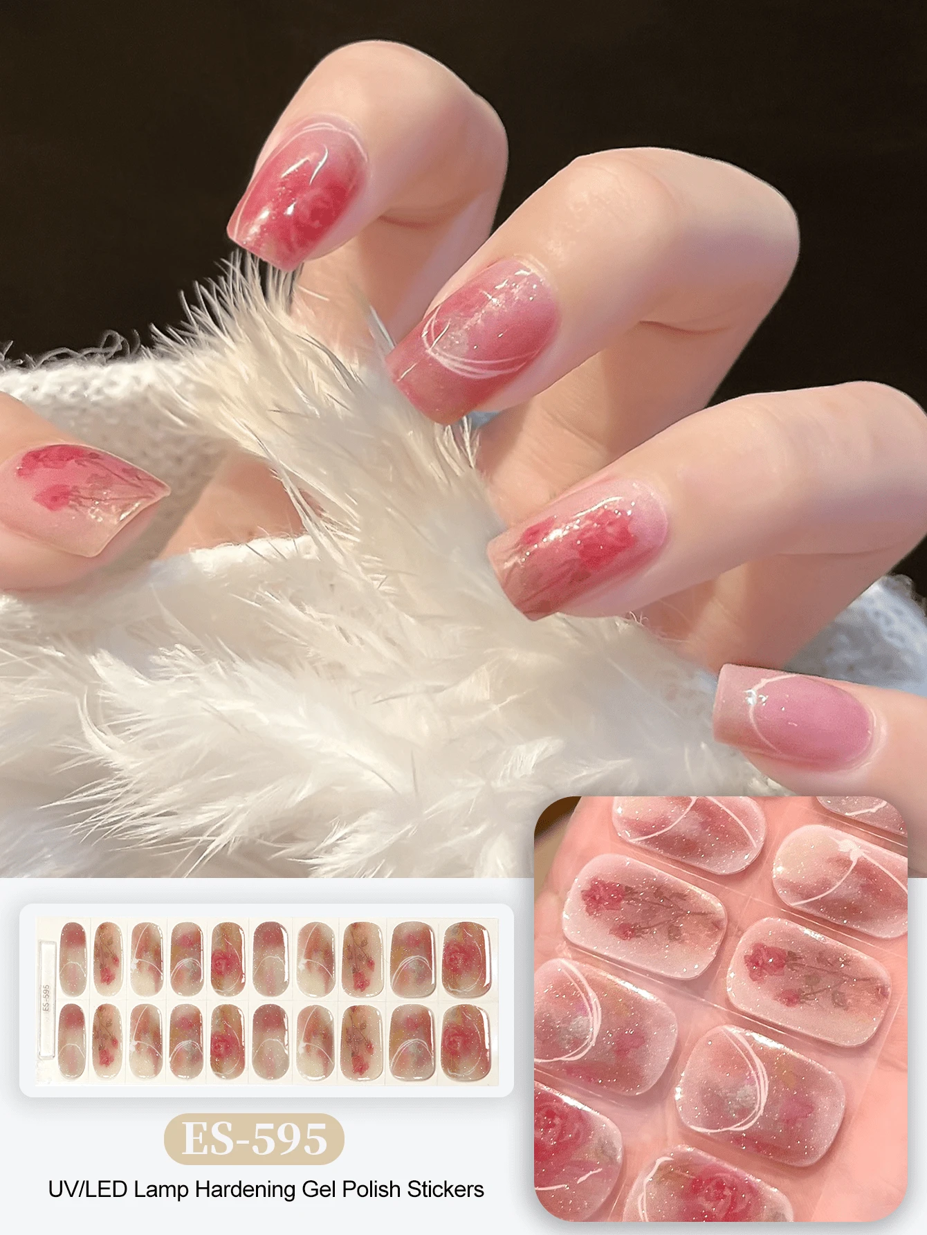 20 piezas de calcomanías de uñas transparentes de base, requieren curado con lámpara UV, calidad de salón duradera, calcomanías de uñas con temática de libro rojo del mismo estilo adecuadas para las puntas de los dedos - Rosa Pálido - Ver 1