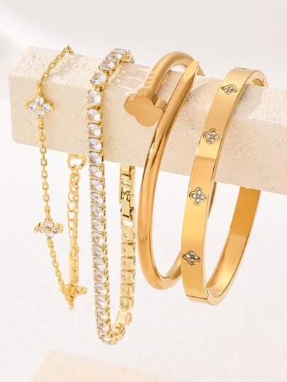 Set de 4 piezas de pulsera minimalista de trébol de cuatro hojas con circonita chapada en oro de 18K de acero inoxidable para mujeres, adecuada para uso diario, reuniones, citas, combinación para múltiples ocasiones y como regalo