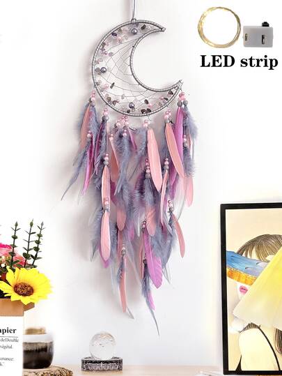 1 件月亮仿珍珠水晶片捕梦网壁挂装饰，手工制作的风铃适合家庭、书房、阳台、婚礼派对装饰（羽毛为人造）节日装饰拉玛、家居装饰、房间装饰、墙壁装饰礼物生日毕业