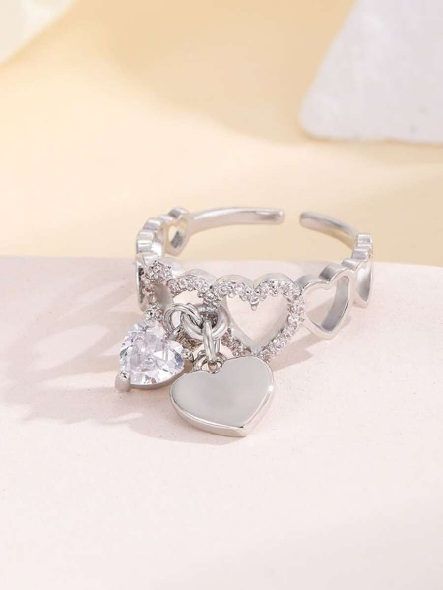 1 chiếc nhẫn hình trái tim rỗng kiểu Bohemian - Bạc - Xem 1