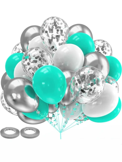 41pcs/Set 10/12 Inch Metal Tone/Metallic Silver/White/Navy Blue/Transparent Silver Sequin Confetti Balloons, Colorful Latex Balloons, Suitable For Anniversary, Birthday Party, Christmas, Family Gathering, Outdoor Picnic, Graduation, Singles Party, Wedding, Valentine's Day Indoor And Outdoor Decoration