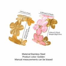 1 pieza Elegante brazalete asimétrico de flor de berenjena calada de acero inoxidable, adecuado para que las mujeres lo usen en banquetes, fiestas, vida diaria o citas - Amarillo Oro - Ver 14