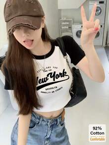 Áo thun ngắn tay in chữ mùa hè, áo croptop đen trắng, áo lót nữ thiết kế thời trang. - đen và trắng - Xem 3