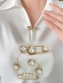 4-Piece Champagne Faux Pearl Embellished Lapel Clothes Dress Scarf Belt Pants Tightening Buckle Brooch Pin, Daily Decoration - Champagne - View 1