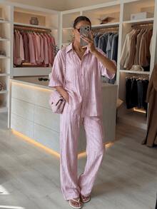 HZXVIC Bộ đồ nữ mùa xuân mới, kiểu dáng thường ngày, áo sơ mi cổ bẻ nhuộm tie-dye và quần cạp cao có dây rút. - Hồng - Xem 7