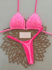 Bộ bikini buộc dây phía trước kiểu Bohemian, họa tiết hình học và hoa nhiệt đới, dễ thương, thanh lịch, gợi cảm dành cho nữ, thích hợp cho kỳ nghỉ biển mùa xuân/hè. - Màu Hồng Tươi - Xem 1