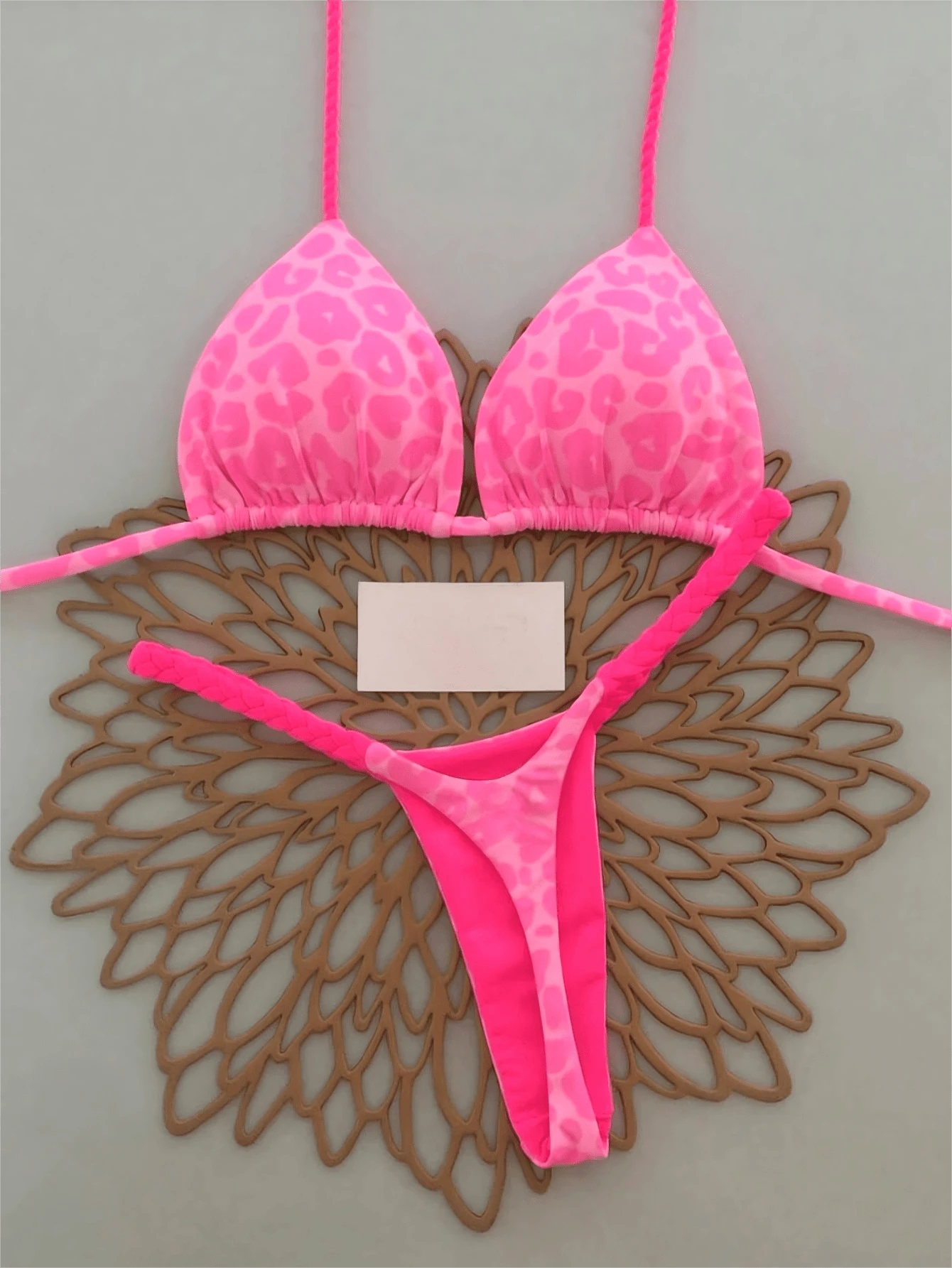 Bộ bikini buộc dây phía trước kiểu Bohemian, họa tiết hình học và hoa nhiệt đới, dễ thương, thanh lịch, gợi cảm dành cho nữ, thích hợp cho kỳ nghỉ biển mùa xuân/hè. - Màu Hồng Tươi - Xem 1