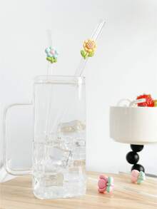 Colorful Flower Series Glass Straws, Transparent Smoothie, Bubble Tea, Juice, Milk, Cocktail, Cold Drink Reusable Bent Glass Straws With Floral Decor, Suitable For Milkshake, Milk, Tea, Juice, Cocktail, Cold Drink, Gifts For Girlfriend, Dessert Shop, Soft Drink Bar, Office, Bar, Restaurant - View 8