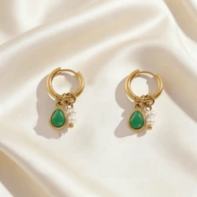 1 Đôi bông tai khoen tròn hình giọt nước đa năng, bông tai đính đá tự nhiên tinh tế, bông tai mặt dây chuyền độc đáo [Họa tiết đá ngẫu nhiên] - bông tai giọt nước - Xem 2