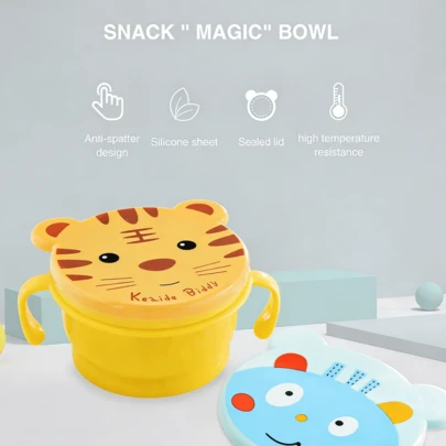 1个/2个/3个装卡通图案带盖婴儿零食碗，硅胶防漏密封双提手便携式婴儿喂食碗，PP材质，适合新生儿及以上宝宝日常零食储存