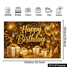 2D 平面金色生日派对背景，以闪亮的“生日快乐”字样、金色气球、礼盒、香槟和其他元素为特色，营造出适合生日派对装饰和摄影背景的庆祝氛围，让您的生日派对更加耀眼夺目。 - 1PC - 查看 6