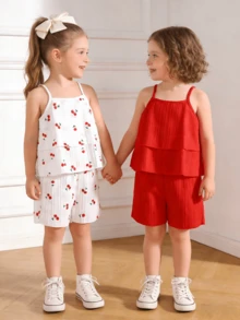 Bộ đồ hè thường ngày in hình quả anh đào 2 món cho bé gái, gồm áo hai dây và quần short, màu đỏ trơn, chất liệu gân. - Nhiều màu - Xem 8
