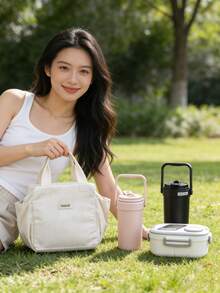 3-Piece Set: Stainless Steel Insulated Travel Mug With Handle, Corduroy Lunch Bag, And Sealed Lunch Box. Suitable For Commuting, School, Daily Use. High-Quality Reusable Drinkware & Kitchenware Set, Great Gift For Coworkers, Friends - MultiWarna - View 4