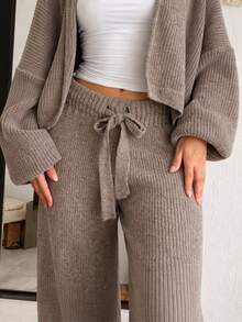Premium Mousse Knit Palazzo Pants With Tie Detail, Mousse Yarn Knit, Blogger Style - Hazelnut - View 2