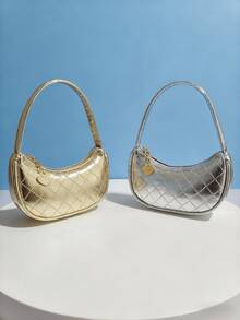 儿童菱形压花图案女童手提包，节日礼物，时尚迷你包，公主风，零钱包，迷你包，金银色新月形迷你包 - 均碼 - 查看 3