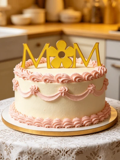 3个金色亚克力闪亮蛋糕装饰插牌，适用于母亲节、生日、周年纪念日和派对装饰。是甜点桌、蛋糕装饰和烘焙用品的理想之选，闪亮的庆典配件，也是母亲节主题装饰的必备品。