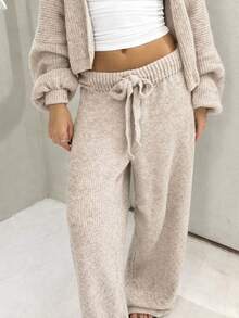 Premium Mousse Knit Palazzo Pants With Tie Detail, Mousse Yarn Knit, Blogger Style - Bege Mescla - View 1