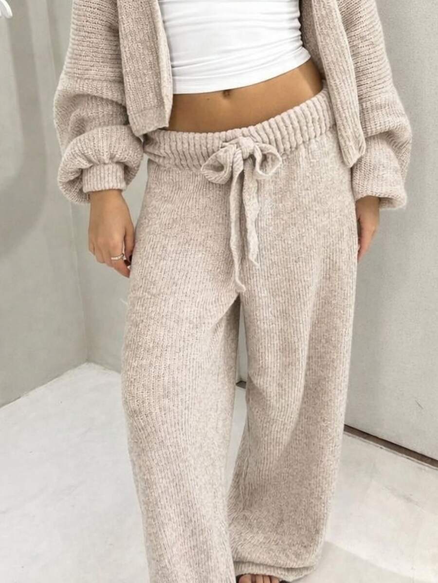 Premium Mousse Knit Palazzo Pants With Tie Detail, Mousse Yarn Knit, Blogger Style - Bege Mescla - View 1