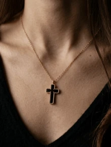 Delicado collar con colgante de cruz negra para mujer, joyería delicada con borde de cuentas vintage como regalo - Negro - Ver 5