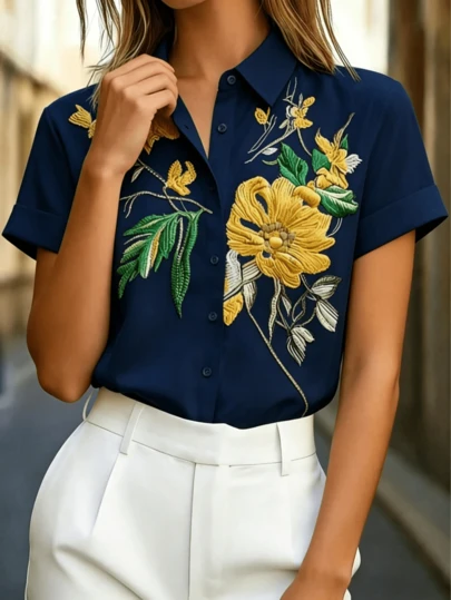 Women's Elegant Short Sleeve Floral Embroidered Blouse - Machine Washable Summer Shirt, Casual Or Formal Wear For Office And Vacation, Spring/Summer