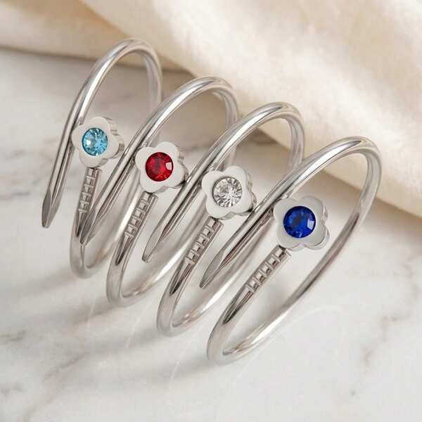 Yuzi Jewelry Multi-Color Stainless Steel Lucky Four-Leaf Flower Bangle Bracelet, Colorful Rhinestone Inlaid Non-Fading Open Cuff Bracelet, Versatile Commuter Jewelry For Women