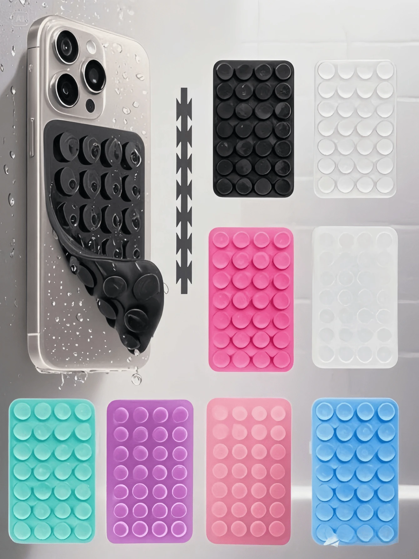 1 个硅胶吸盘手机支架，配备 24 个方形吸盘。这款硅胶双面吸盘手机支架适用于手机壳、自拍、视频拍摄、各种场景、Octobuddy、粘性手机支架、手机配件、吸盘手机壳、房间装饰、母亲节礼物。