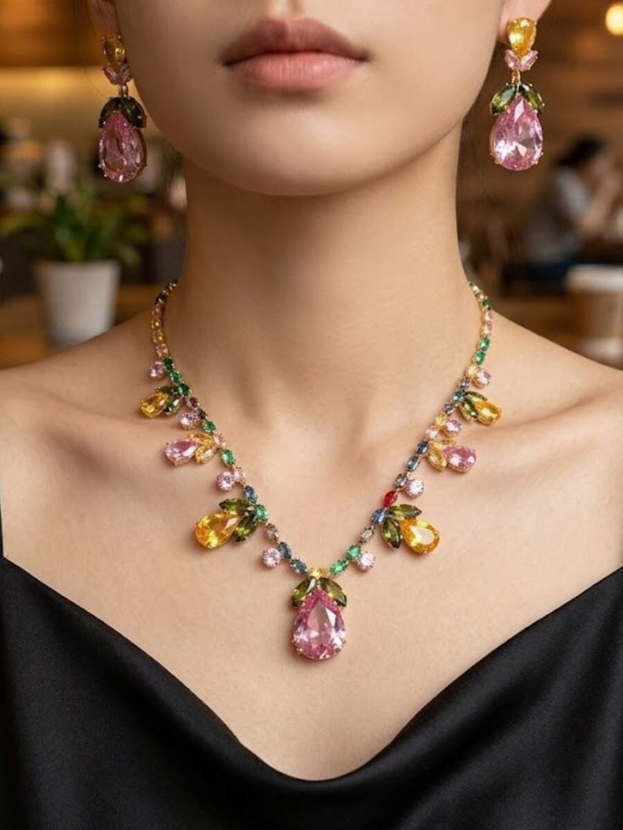 Bộ trang sức 3 món đa năng, thời trang, đính đá Cubic Zirconia cao cấp gồm dây chuyền, bông tai và hoa tulip hồng, phụ kiện thời trang sành điệu kiểu . - Nhiều màu - Xem 1
