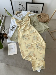 Vuslat 法式时尚碎花中长连衣裙，优雅浪漫度假风碎花美人鱼连衣裙，黄色连衣裙，高端吊带露肩公主蓬蓬裙短款连衣裙，适合优雅派对、下午茶会、毕业典礼、生日装扮、舞会、郊游、假日、复活节派对、花园等场合。 - 黃色 - 查看 11