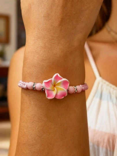 سوار سيراميك بخرز بسيط وعصري بزهرة البلوميريا الهاواية قابل للتعديل، مناسب للاستخدام اليومي للنساء، والشاطئ والسفر