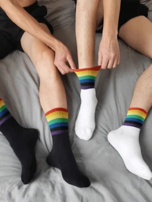 6 Pairs Minimalist Black & White Rainbow Pattern Unisex Comfortable Breathable Mid-Calf Socks, Stylish For Spring/Autumn, Fall - Multicolor - View 5