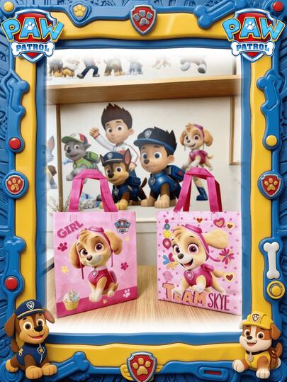 Paw Patrol Bộ 1/2 túi tote tái sử dụng màu hồng dễ thương hình có quai xách, với họa tiết những chú cún con màu hồng, trái tim, hoa và bánh kem, túi mua sắm không dệt, túi quà tặng tiệc tùng, đồ trang trí ngày lễ, túi đóng gói năm mới 2026, túi quà tặng mới.