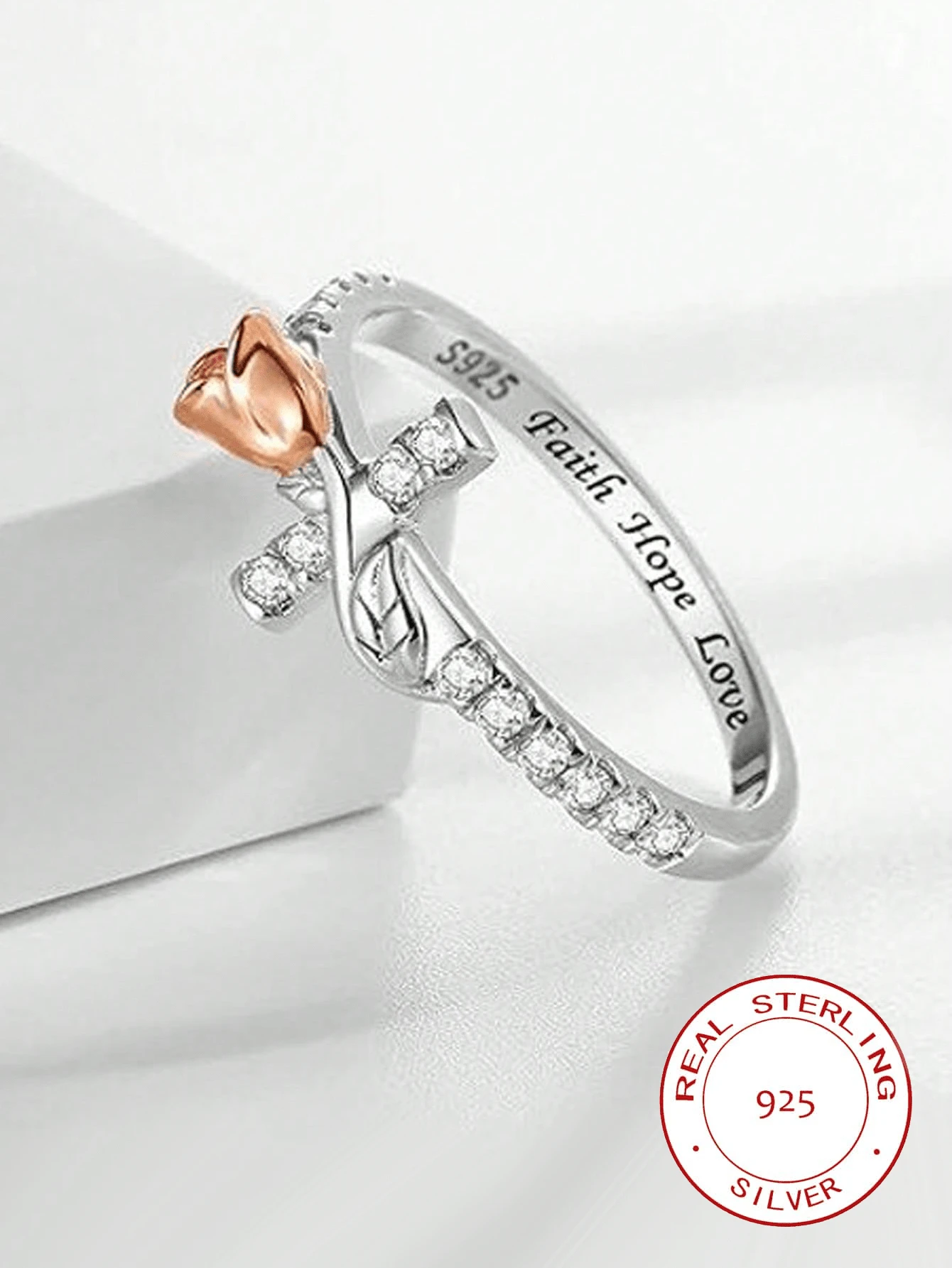 1 chiếc nhẫn bạc S925 cao cấp kiểu Pháp hình thánh giá hoa hồng đính đá Cubic Zirconia, thiết kế tối giản tinh tế, nữ tính, thích hợp cho đám cưới, kỳ nghỉ, làm quà tặng, dự tiệc, đeo hàng ngày, trang sức cao cấp dành cho nữ. - trắng - Xem 1