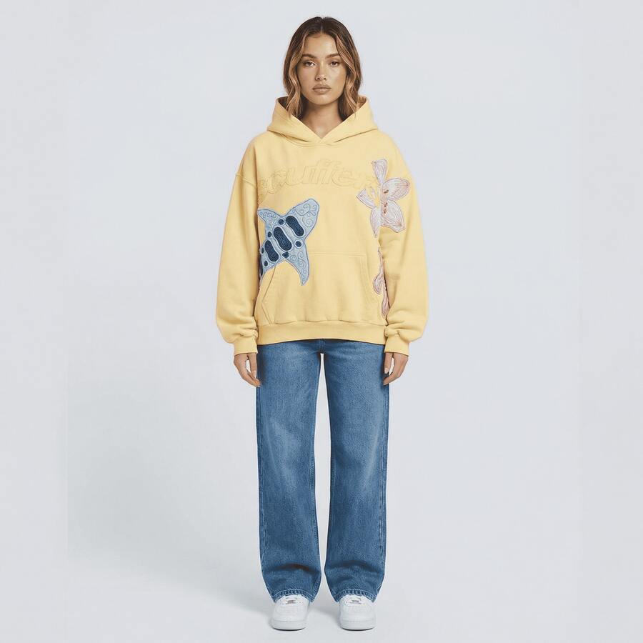 Women Y2K Pullover Hoodie Oversized Yellow Sweatshirt 3D Floral Shark Applique Letter Embroidery Patchwork Casual  Streetwear Fall Outerwear - 黃色 - 查看 1