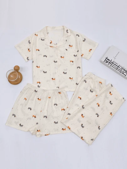 3 ชิ้น ชุดนอนลายสุนัขดัชชุนด์พิมพ์ลายทั้งตัว, เสื้อคาร์ดิแกนแขนสั้นใส่สบาย, เสื้อคอปกและกางเกงขาสั้น/ขายาวทรงหลวม, เหมาะสำหรับกิจกรรมกลางแจ้ง, ปาร์ตี้วันหยุด, ชุดอยู่บ้าน, ทุกฤดู
