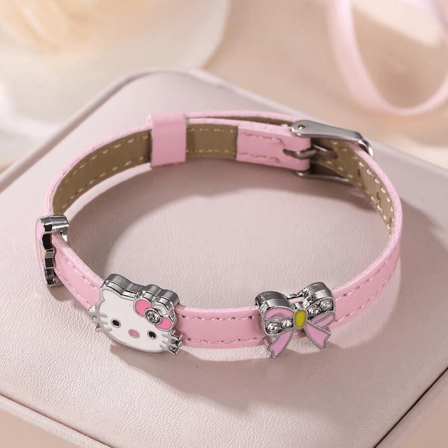 SANRIO 1 chiếc vòng tay hình mèo KT dễ thương, trang trí nơ và trăng, phụ kiện thời trang, vòng tay tình bạn và cặp đôi. - Hồng - Xem 1