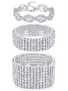 Bộ 1/3 vòng tay co giãn đính đá cho nữ, kiểu dáng lấp lánh, thích hợp cho đám cưới, màu bạc. - Bạc - Xem 6