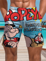 Men's Sailor Pattern Beach Shorts - Lightweight Quick-Dry Vintage Cartoon Print, Machine Washable For Pool & Holiday - Retro Comic Design, Casual Style Summer Swimwear, Poolside Leisure