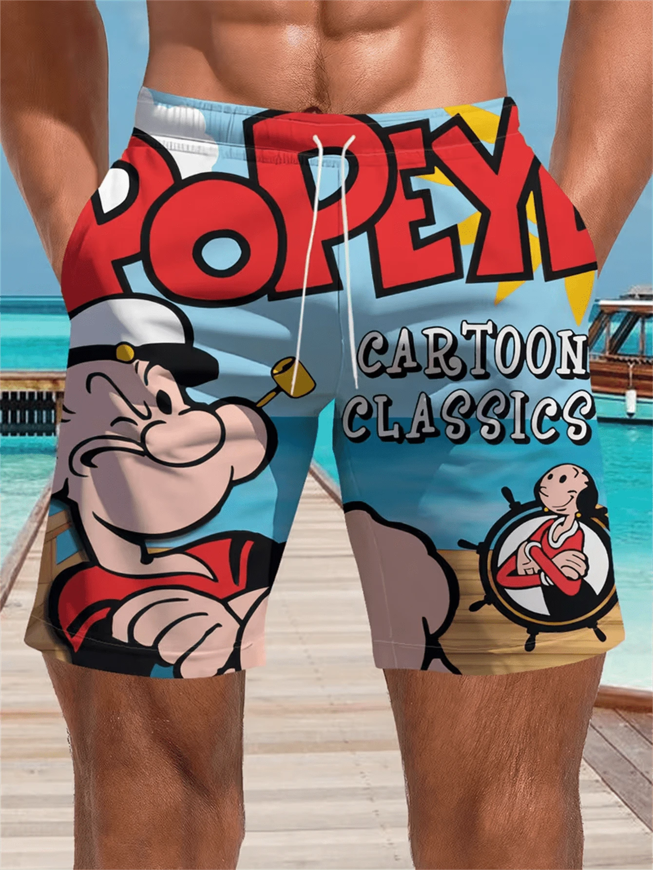 Men's Sailor Pattern Beach Shorts - Lightweight Quick-Dry Vintage Cartoon Print, Machine Washable For Pool & Holiday - Retro Comic Design, Casual Style Summer Swimwear, Poolside Leisure - Multicolor - View 1