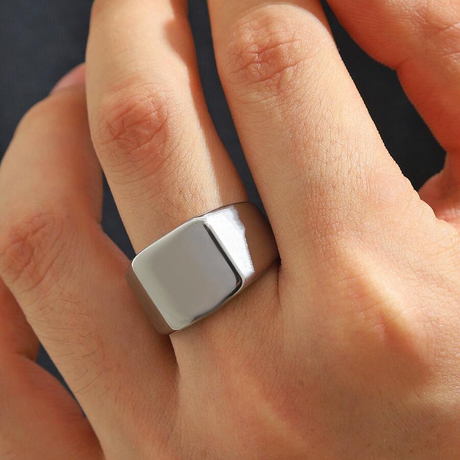 1 chiếc nhẫn hình chữ nhật trơn bằng thép không gỉ dành cho nam giới - Bạc - Xem 1
