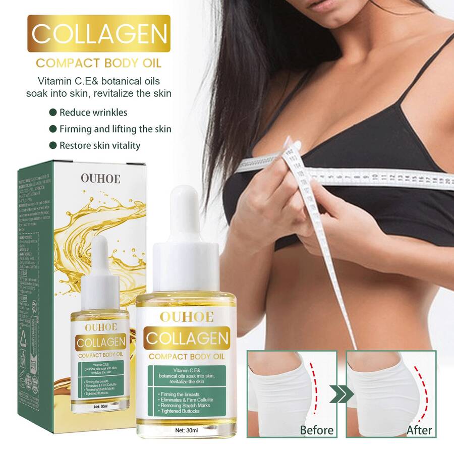 OUHOE Collagen Body Moisturizing Oil Vitamin C E & Botanical Infused Compact Body Oil Deeply Hydrates Nourishes & Revitalizes Skin Improves Skin Texture Firms & Lifts For A Smooth Toned Appearance Lightweight Fast-Absorbing Formula For All Skin Types Daily Body Care - 淡香 - 查看 1