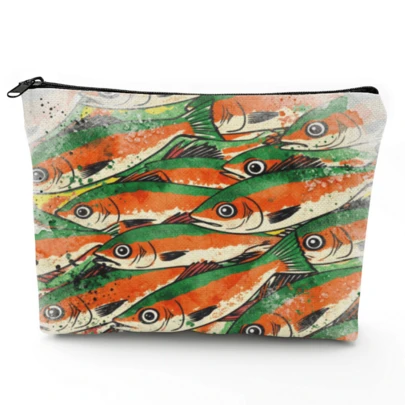 复古沙丁鱼主题零钱包拉链包，水彩鱼群印花化妆包，艺术旅行收纳包，专为海洋和钓鱼爱好者设计，可存放化妆品、洗漱用品和日常用品，时尚手拿包，适合通勤、度假和旅行，是馈赠亲朋好友的特别礼物。
