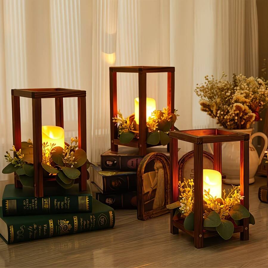 Centropieza de linterna de madera rústica - Elegante decoración de mesa para boda estilo granja, soporte resistente para velas, adecuado para eventos de granero rústico y decoración del hogar - Multicolor - Ver 1
