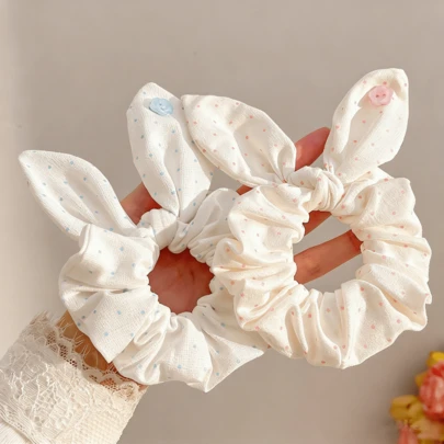1pc/2pcs Polka Dot Rabbit Ear Scrunchies, Cute Button Hair Ties, Sweet Girl Style Hair Accessories, Suitable For Daily And Outfit Matching