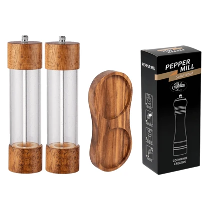 1/2/3件套木制手动胡椒研磨器，透明亚克力可视香料研磨器，带陶瓷芯，厨房盐和胡椒研磨器套装
