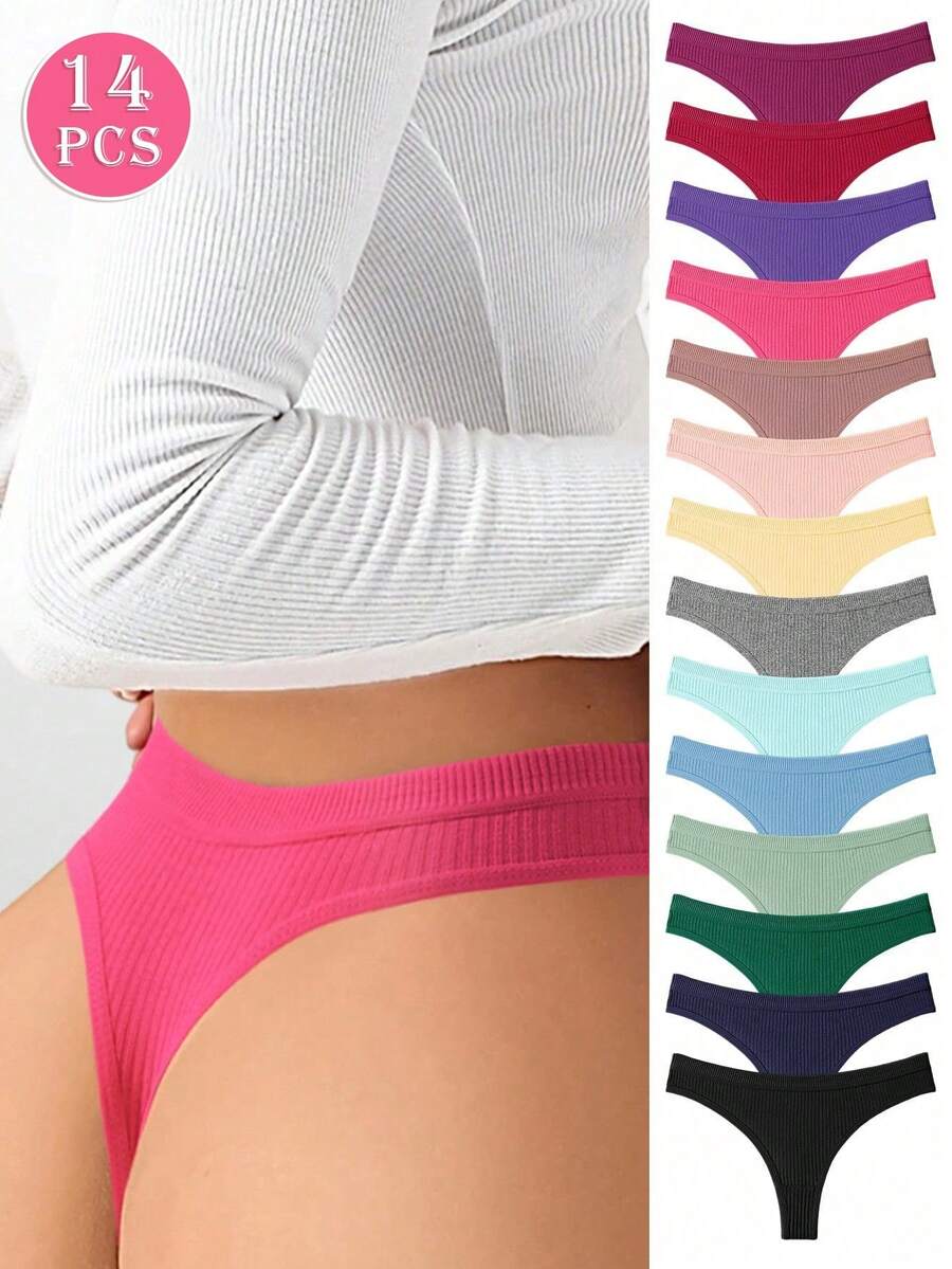 14 Pieces Of Women's Underwear Low Waisted Cotton Thong - Soft And Breathable V-Shaped Pants, Solid Color Simple Women's Underwear, Tangas Para Mujer, 14 Solid Color XS-XL Sizes To Choose From, Ropa Interior Mujer,Ribbed Elastic Comfortable Non Transparent Casual Wear, Daily Essential, Fashionable Style, Soft And Breathable, Modern Women's - 彩色 - 查看 1