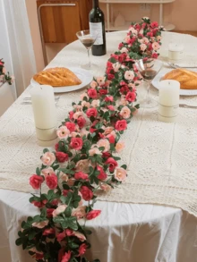 Nejlue Artificial Flowers/Plants1111 Home & Living 1/2/5pcs Pink Artificial Rose Vine With 45 Small Flowers, Artificial Rose Wreath For Spring Decor, Hanging Rose Garland For Home, Room, Wall, Wedding Arch, Bedroom, Tabletop, Birthday Party, Garden, Indoor Outdoor, Dining Table - Pink - View 5