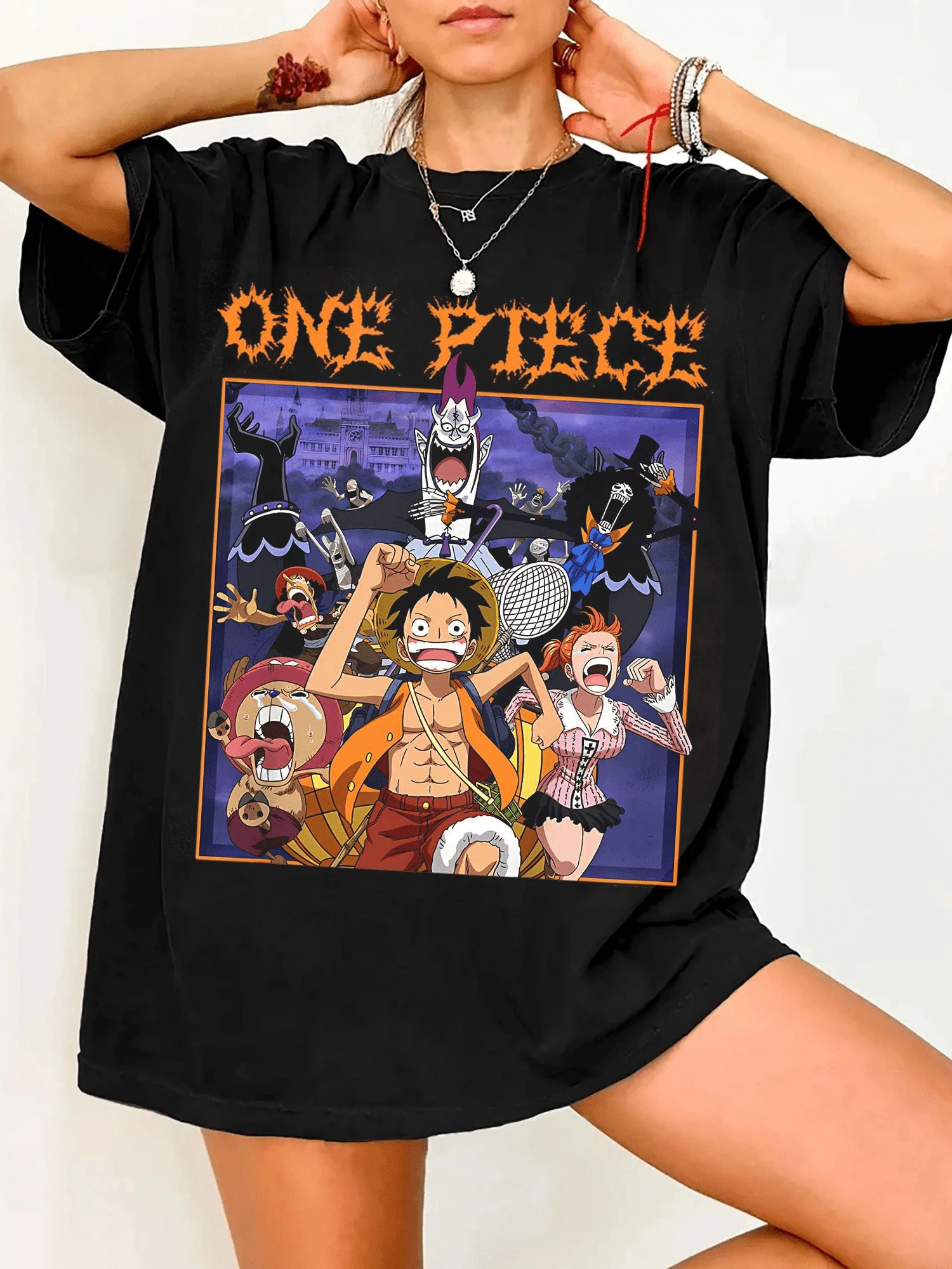 O-One P-Piece T-Shirt, O-One P-Piece Anime T-Shirt Running Scared Heavy Metal Logo, O-One P-Piece T-Shirt Anime Gifts, O-One P-Piece Merchandise - 黑色 - 查看 1