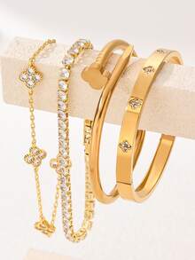 Set de 4 piezas de pulsera de acero inoxidable chapada en oro de 18K con diseño de trébol de cuatro hojas, adecuado para uso diario de mujeres, regalo de boda y ocasiones especiales - Juego de 4 piezas - Ver 2