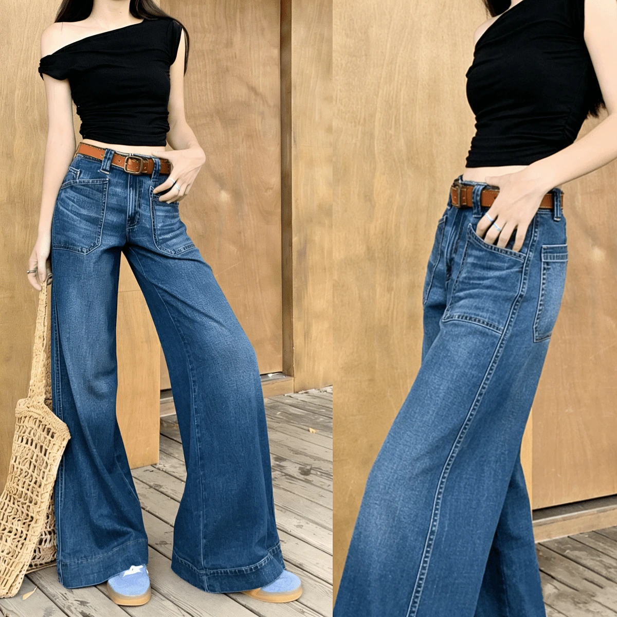 Women's Elegant Washed Denim Wide Leg Long Jeans With Slight Stretch, Fashionable Basic Style - Màu xanh lam - Xem 1